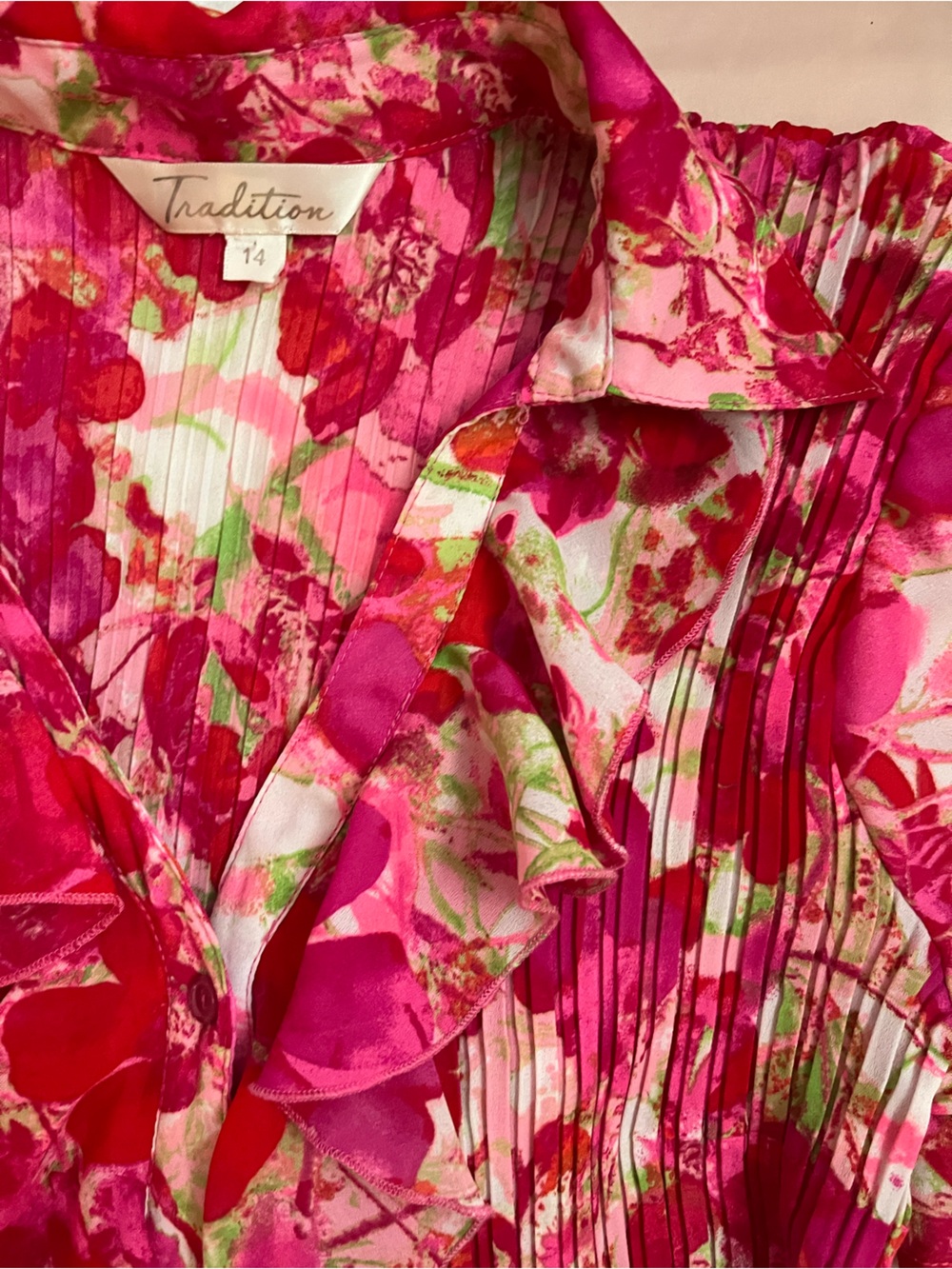 Thrifted Floral Ruffle Front Pink Women's Blouse - Picture 3 of 3